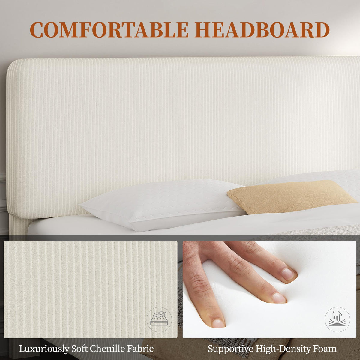 Twin Bed Frame with Adjustable Chenille Upholstered Headboard, Beige G7394