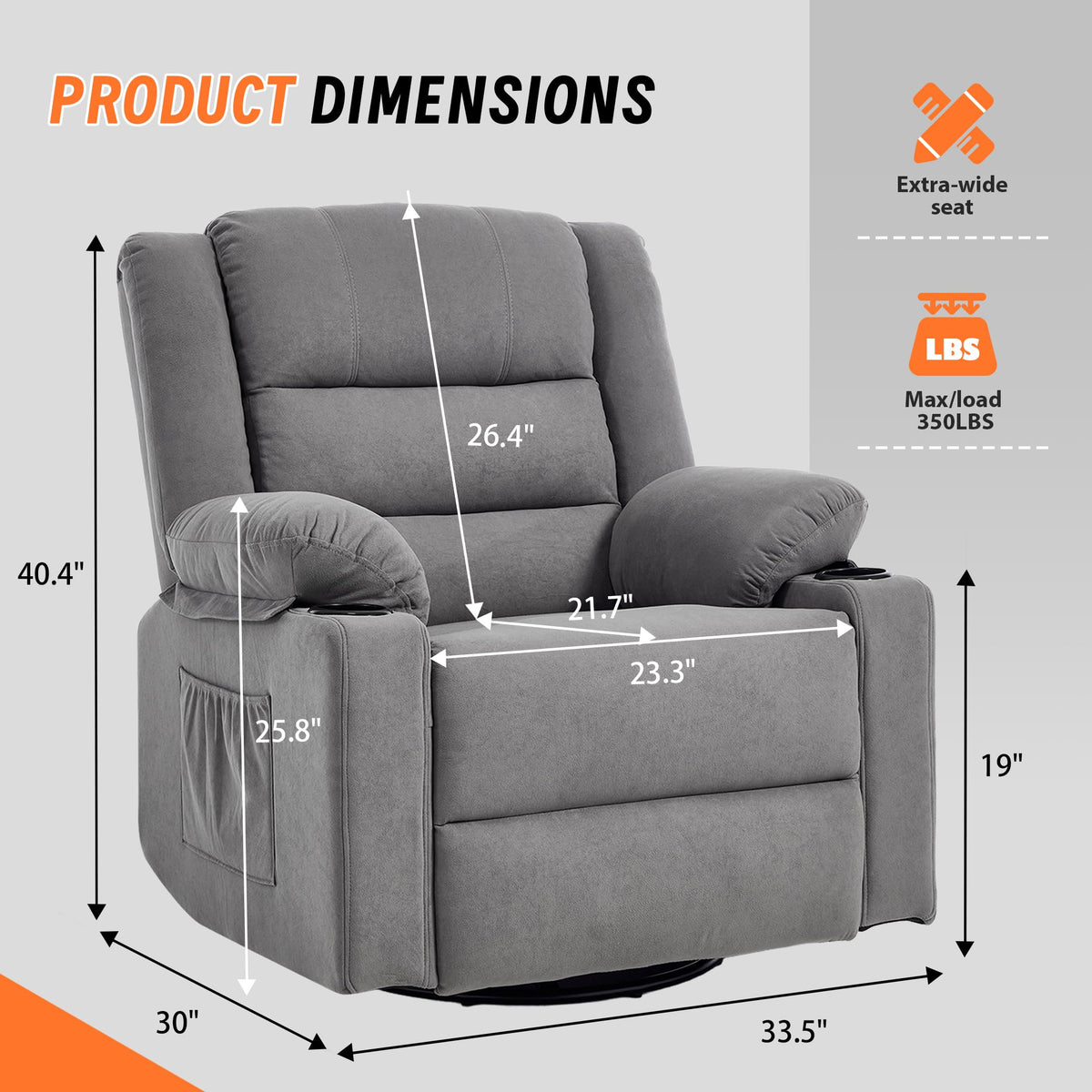 Grey Manual Swivel Rocking Recliner Chair with Massage and Heating N3347