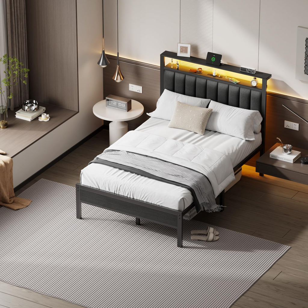 Full Size Bed Frame with Charging Station and LED Lights P24101