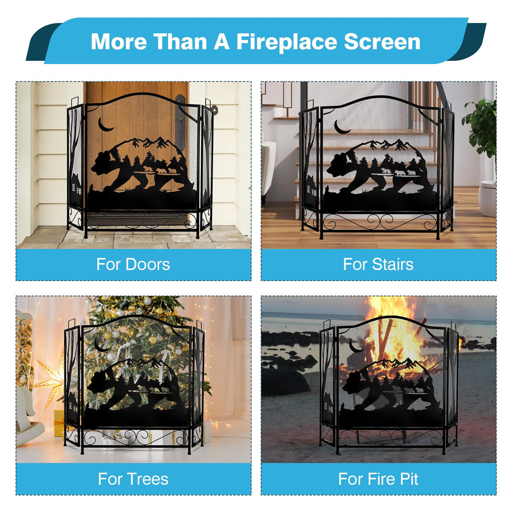 3-Panel Folding Metal Fireplace Screen Black L578