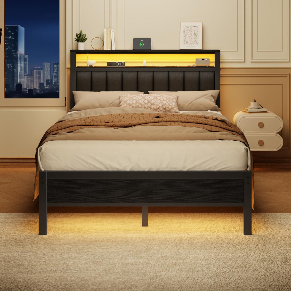 Full Size Bed Frame with Charging Station and LED Lights P24101
