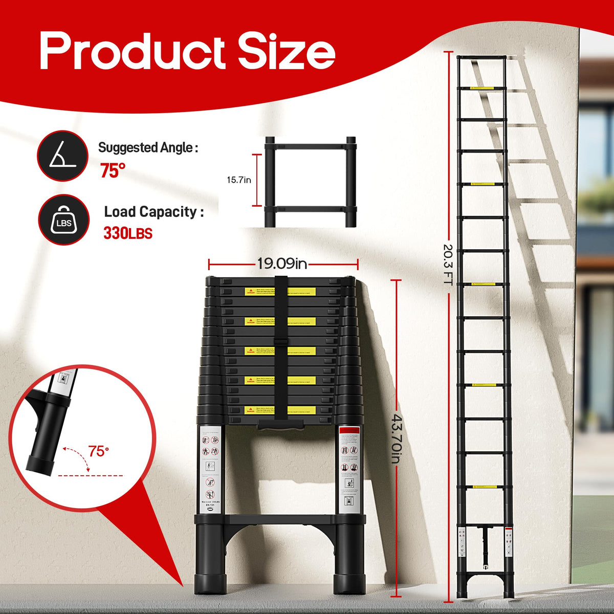 Telescoping Ladder 20.3 FT 330 lbs Capacity Black F49147