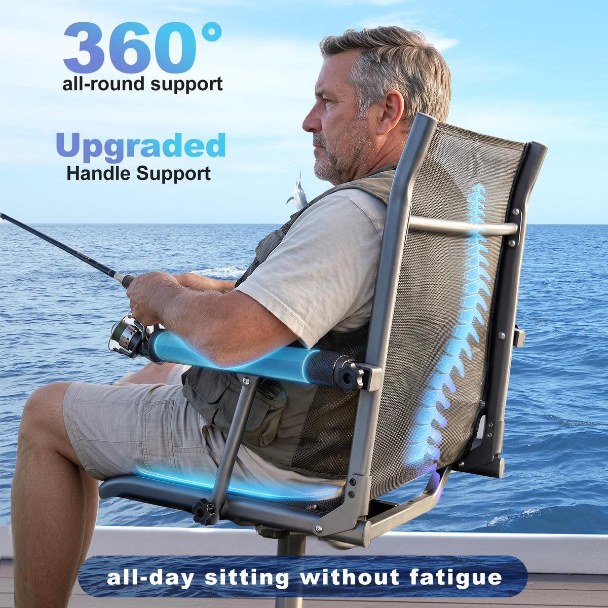 Fishing Boat Seat with Armrest, Mesh Fabric, Aluminum Frame, 350 LBS Capacity, Foldable M2311