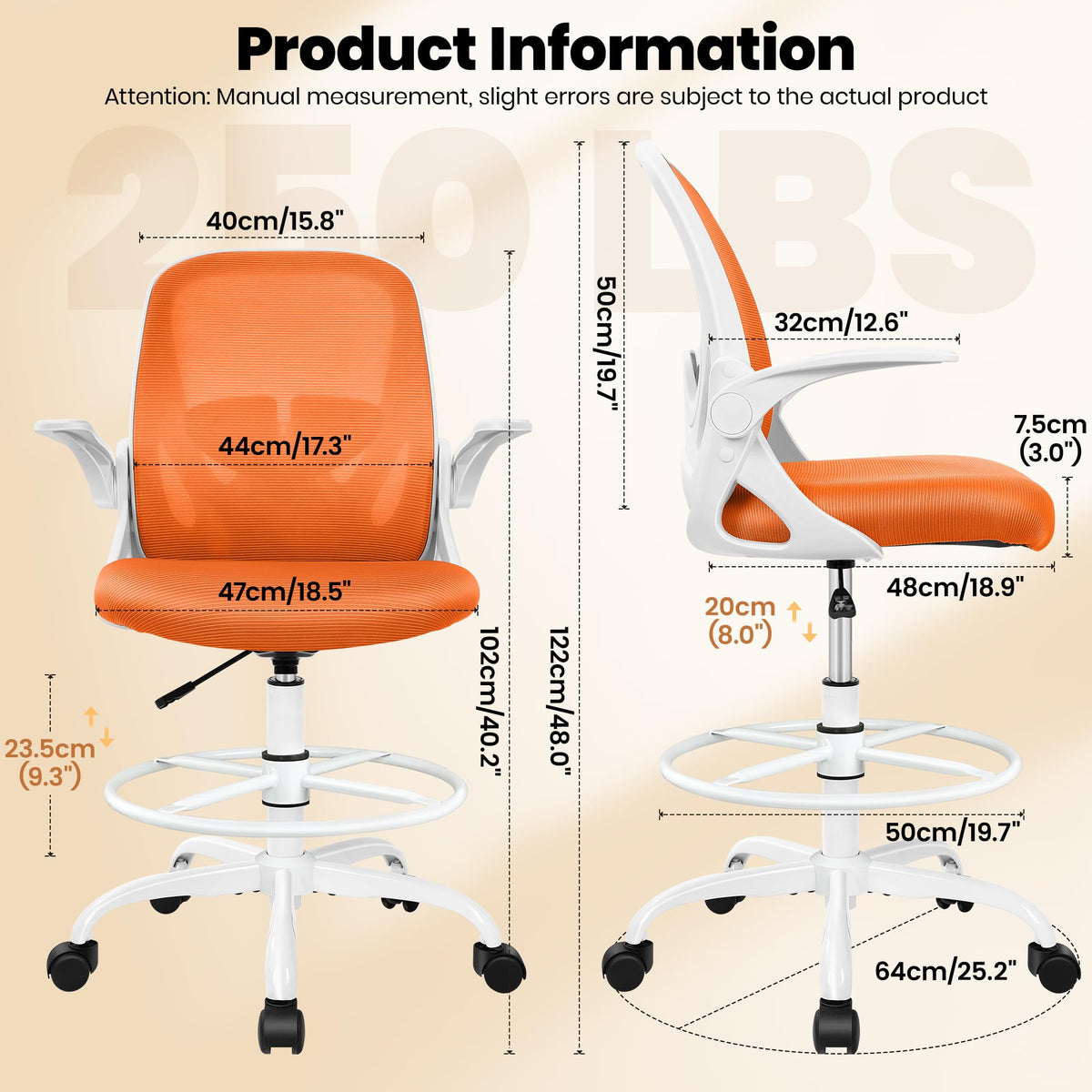 Tall Ergonomic Drafting Chair with Flip-up Armrests and Footrest Ring A5908
