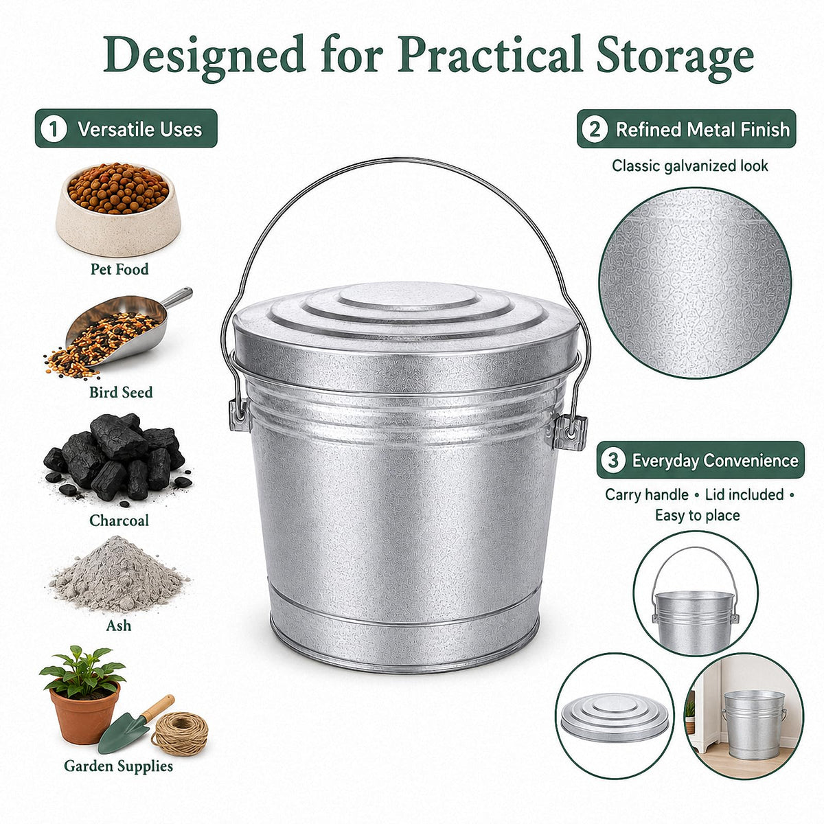 6 Gallon Galvanized Metal Trash Can with Locking Lid K125