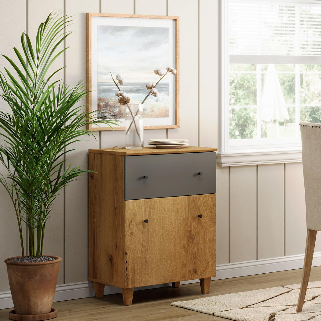 Oak Brown Dark Grey Wood Storage Cabinet with Drawer and Door K888305