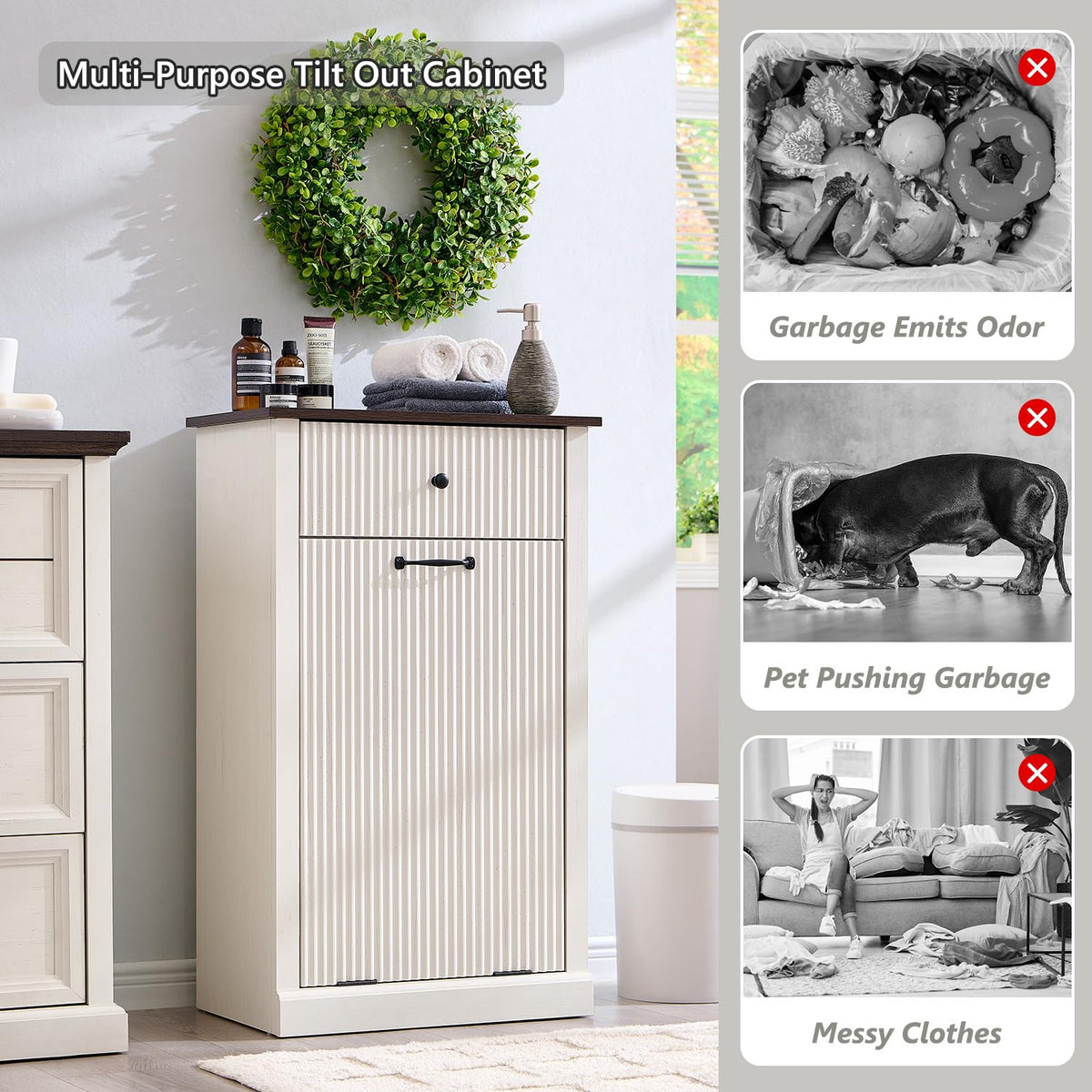Antique White Tilt-Out Trash Can Cabinet G61948
