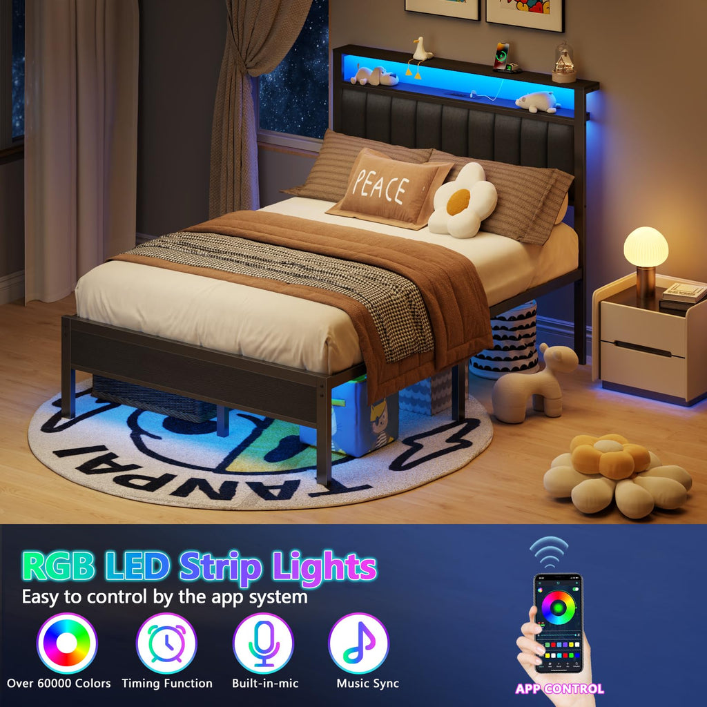 Full Size Bed Frame with Charging Station and LED Lights P24101
