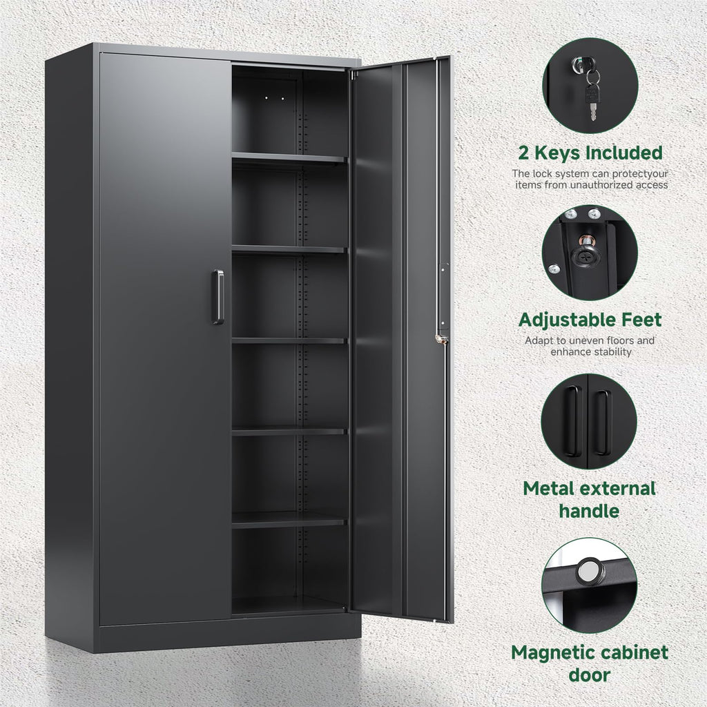 Metal Garage Storage Cabinets with Lock, 72 Tall Steel Lockers, 5 Adjustable Shelves, Black T1466