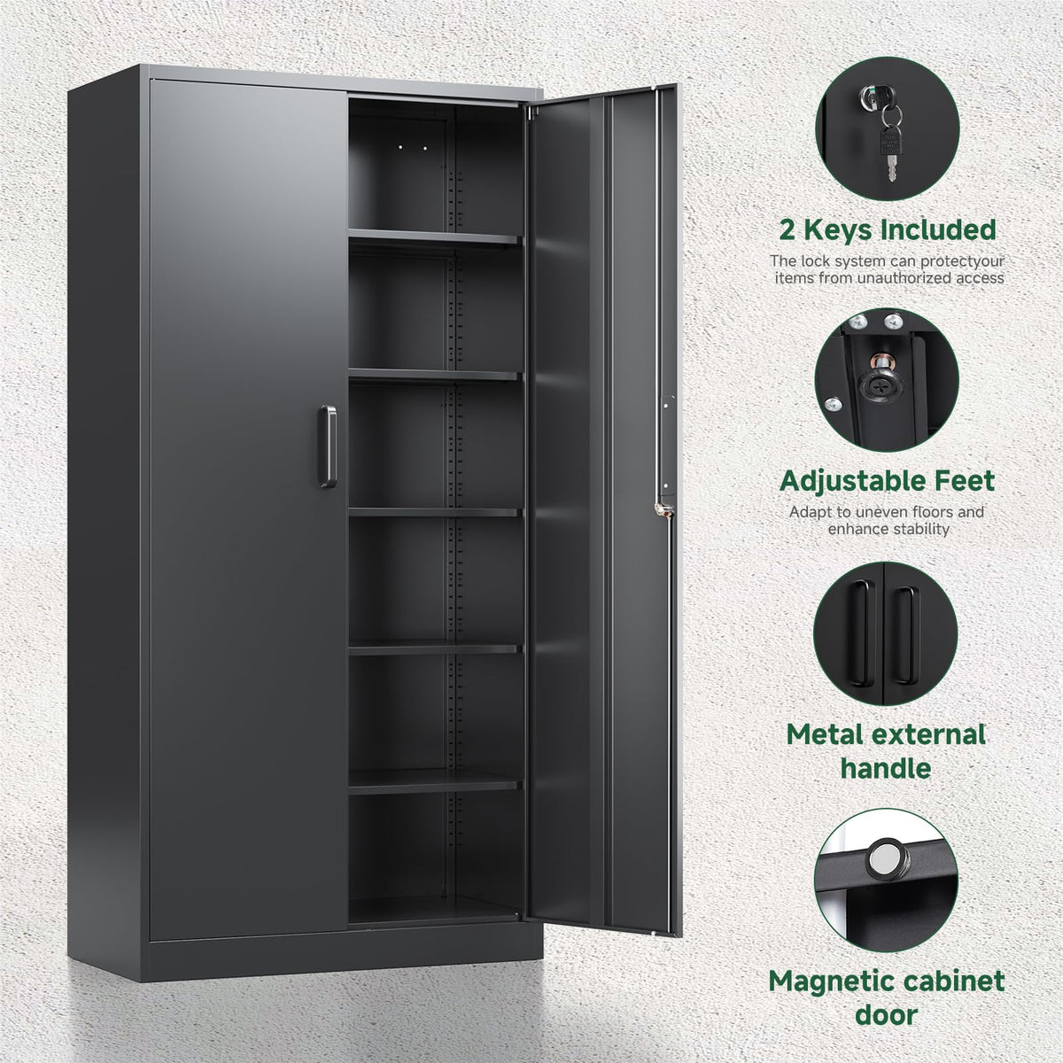 Metal Garage Storage Cabinets with Lock, 72 Tall Steel Lockers, 5 Adjustable Shelves, Black T1466