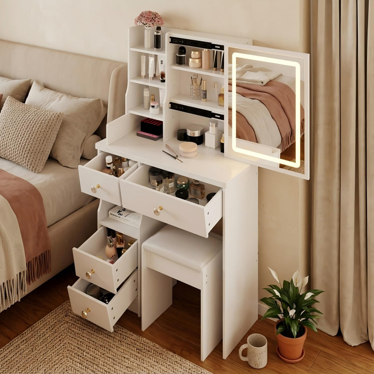 White Vanity Desk with Lighted Mirror and Stool G5490