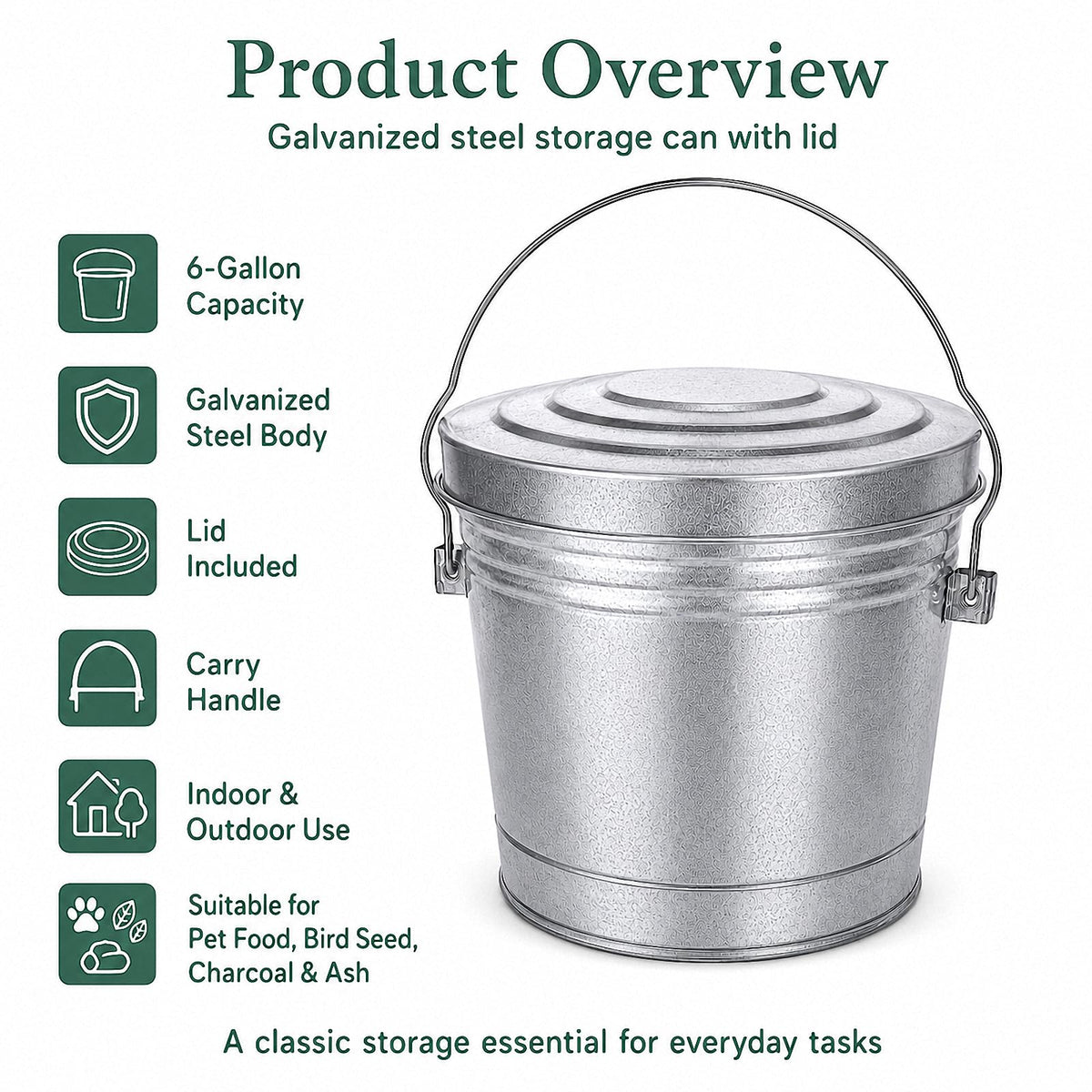 6 Gallon Galvanized Metal Trash Can with Locking Lid K125
