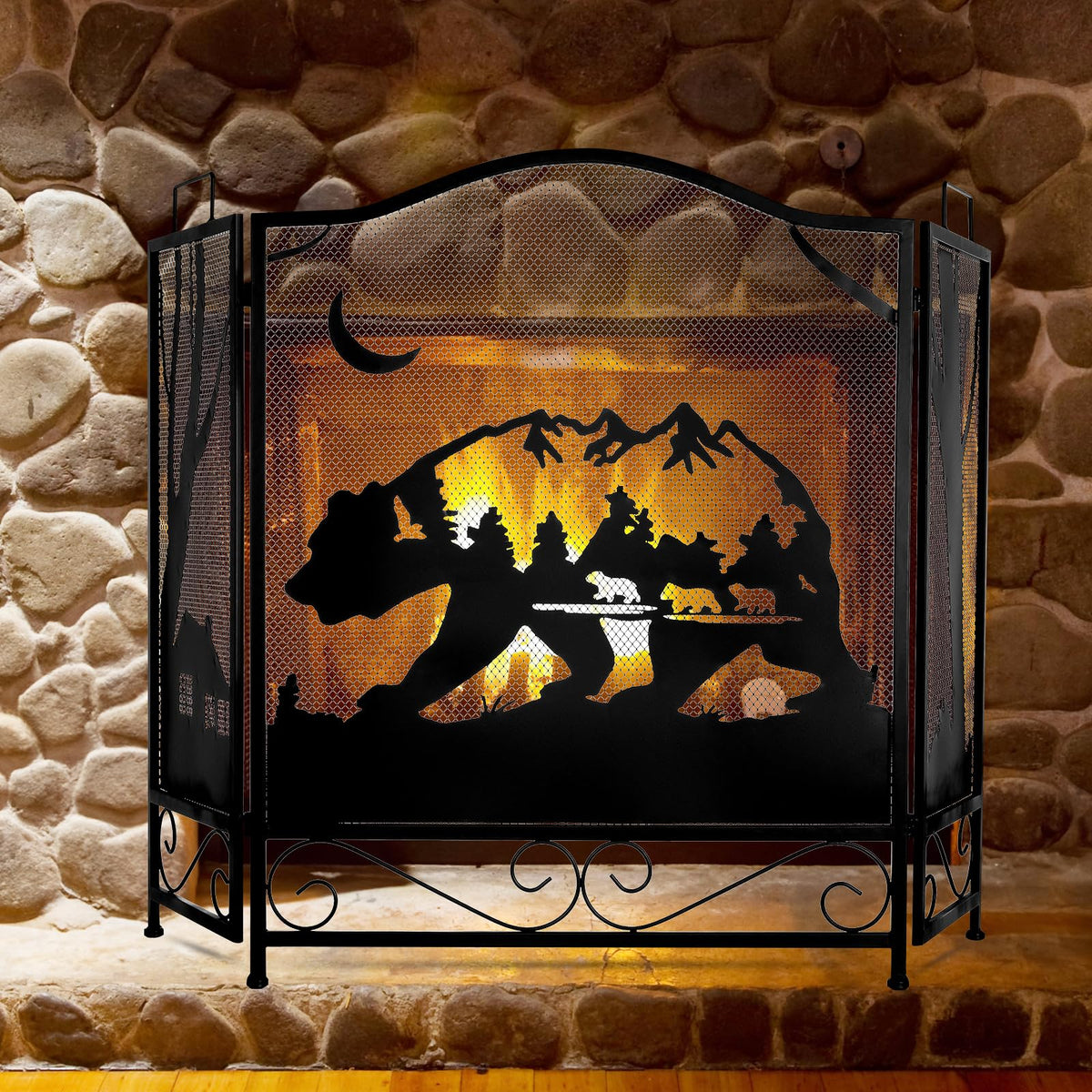 3-Panel Folding Metal Fireplace Screen Black L578