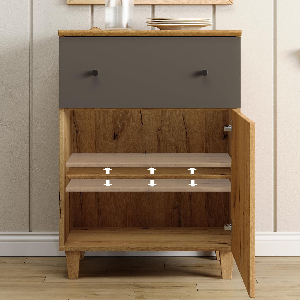 Oak Brown Dark Grey Wood Storage Cabinet with Drawer and Door K888305