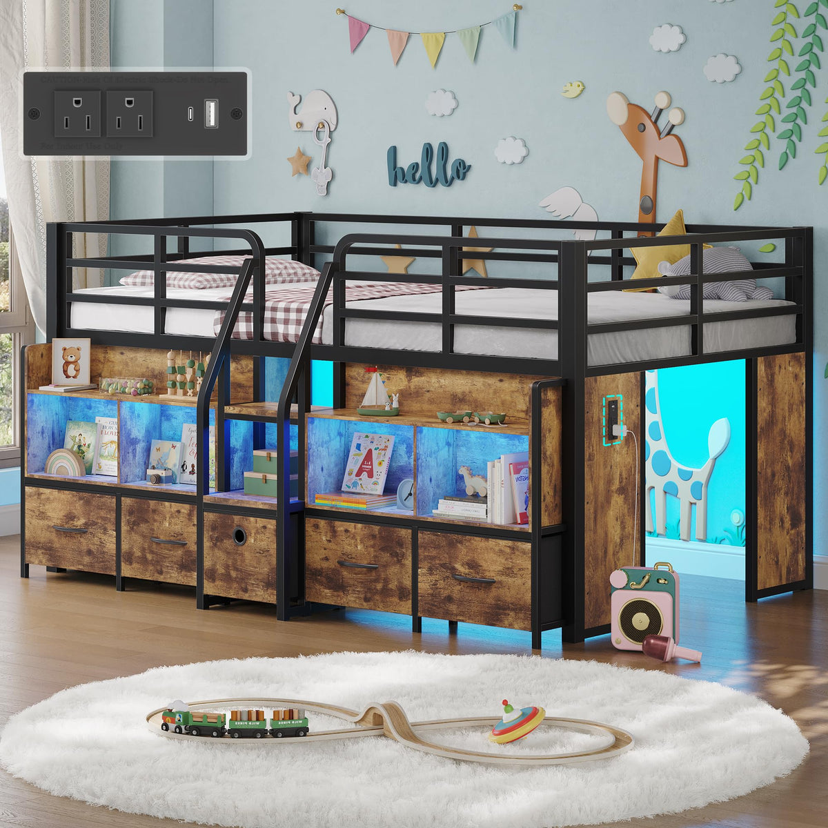Twin Low Loft Bed with 5 Storage Drawers and 6 Bookcase C425