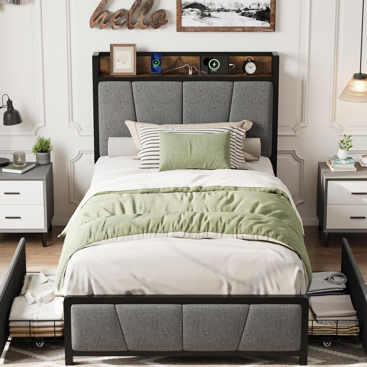Grey Twin Size Linen Upholstered Platform Bed Frame with 2 Storage Drawers E3227