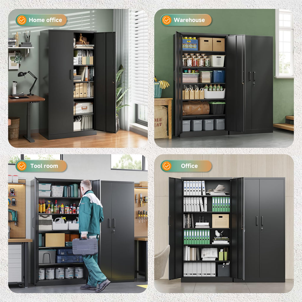 Metal Garage Storage Cabinets with Lock, 72 Tall Steel Lockers, 5 Adjustable Shelves, Black T1466