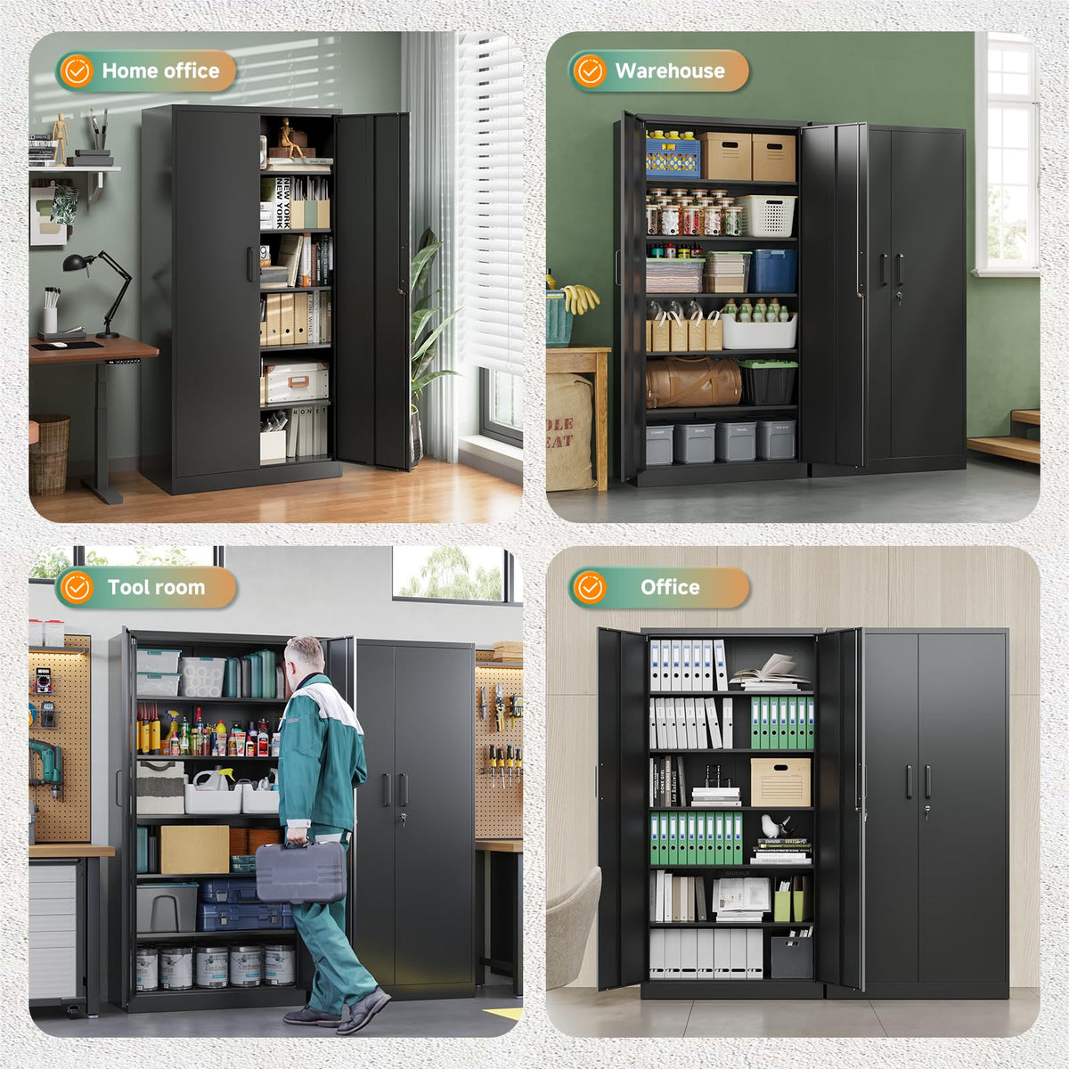Metal Garage Storage Cabinets with Lock, 72 Tall Steel Lockers, 5 Adjustable Shelves, Black T1466