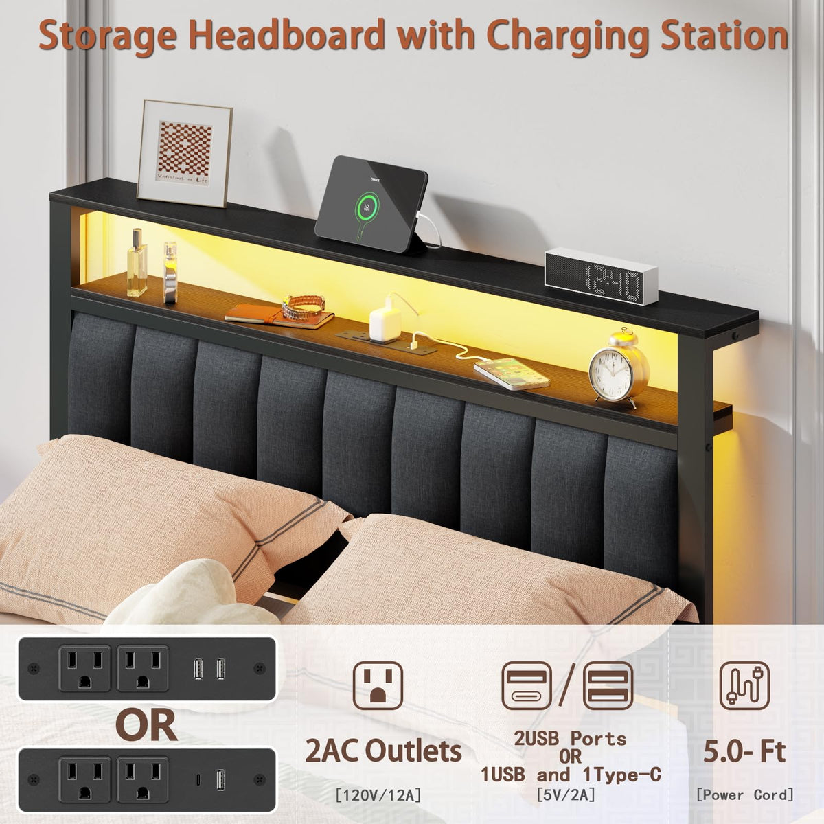 Full Size Bed Frame with Charging Station and LED Lights P24101