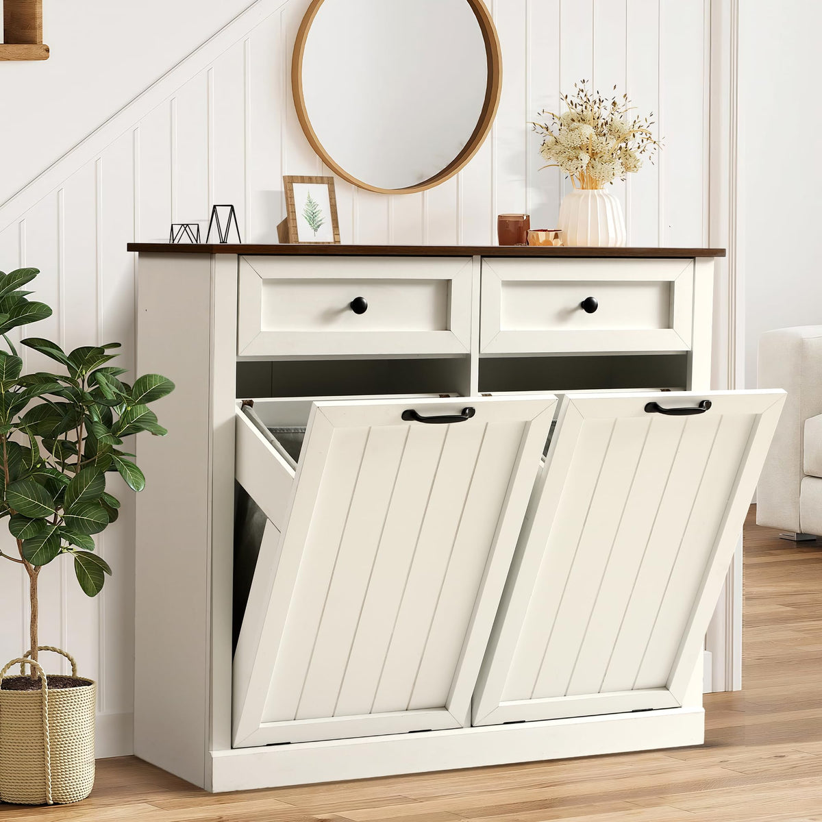 White 22 Gallon Wooden Laundry Hamper Cabinet with 2 Drawers M745909