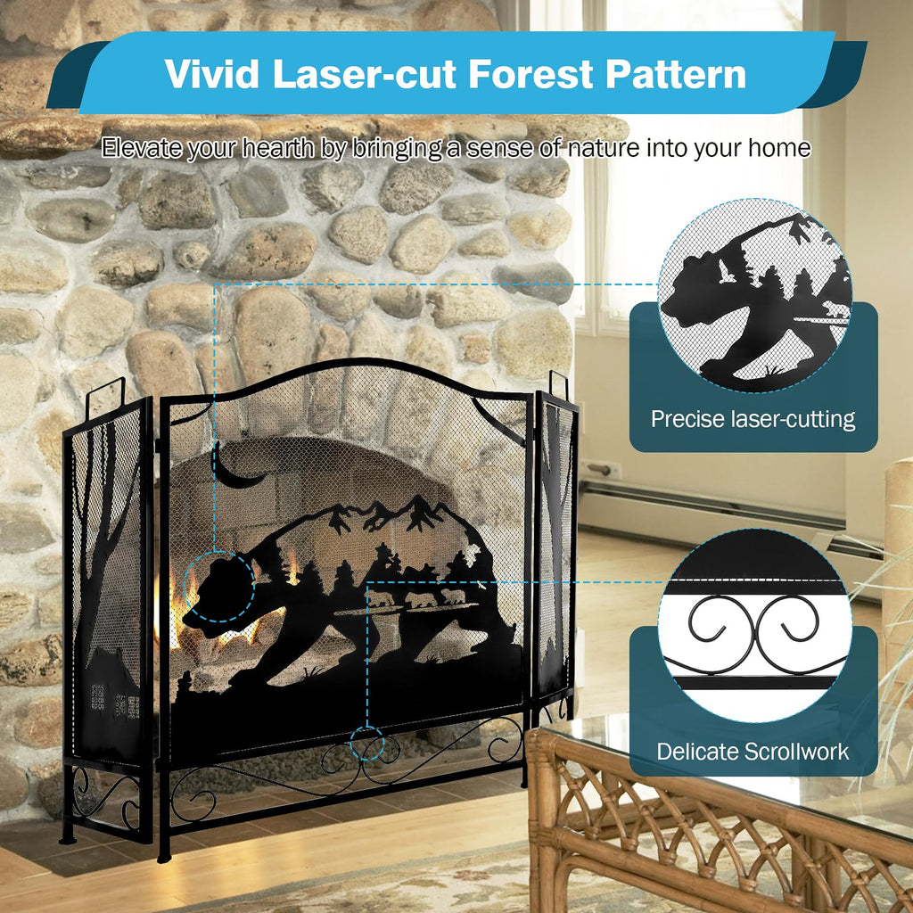 3-Panel Folding Metal Fireplace Screen Black L578