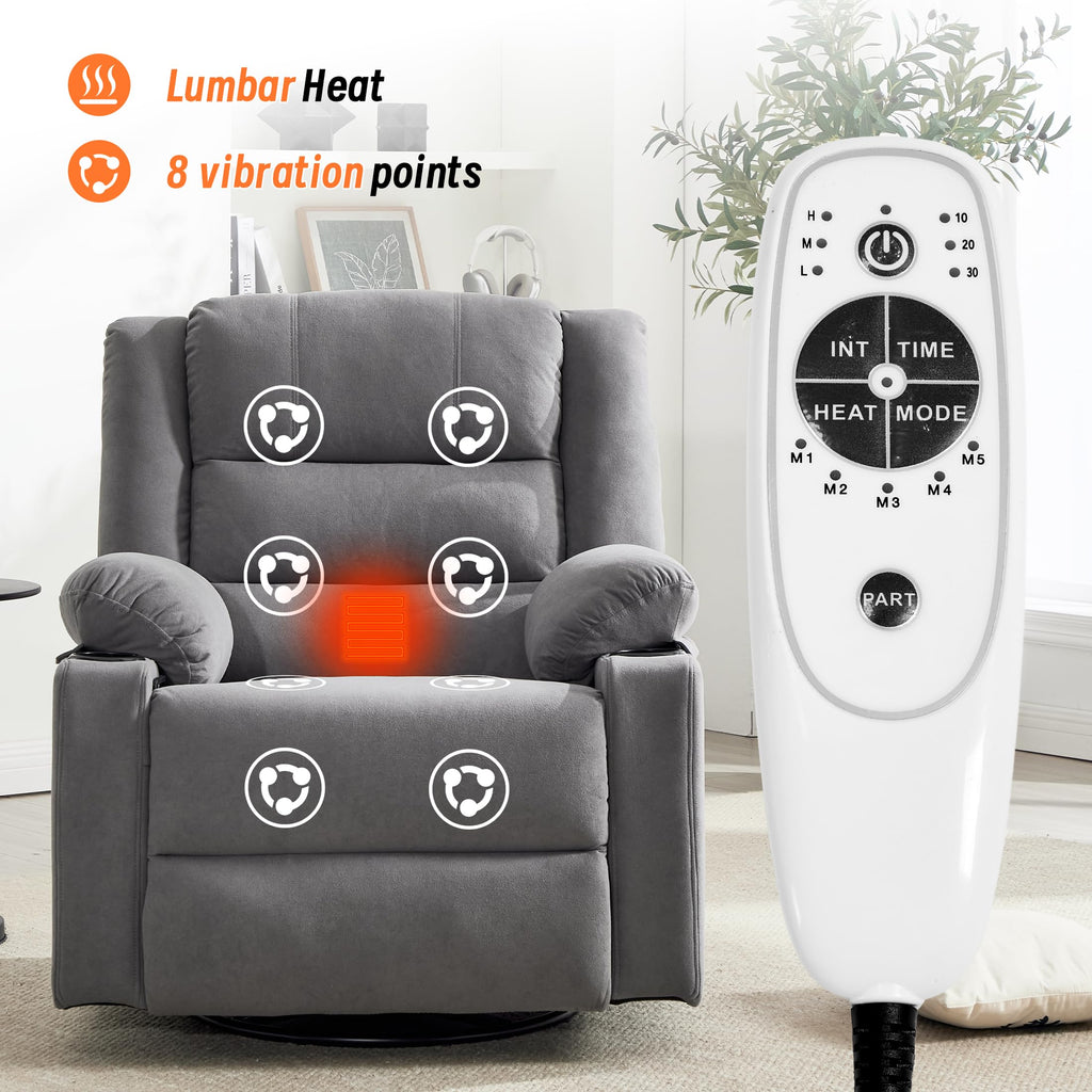 Grey Manual Swivel Rocking Recliner Chair with Massage and Heating N3347