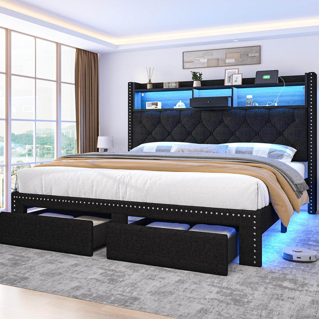 Queen Size Black Upholstered Platform Bed Frame with Storage Headboard and 2 Drawers R33291