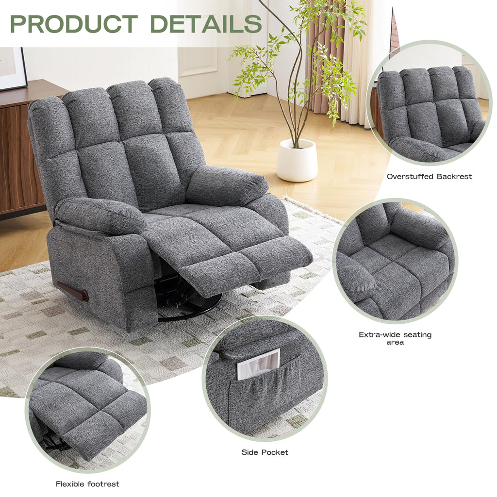 Oversized Chenille Grey Swivel Rocker Recliner Q734