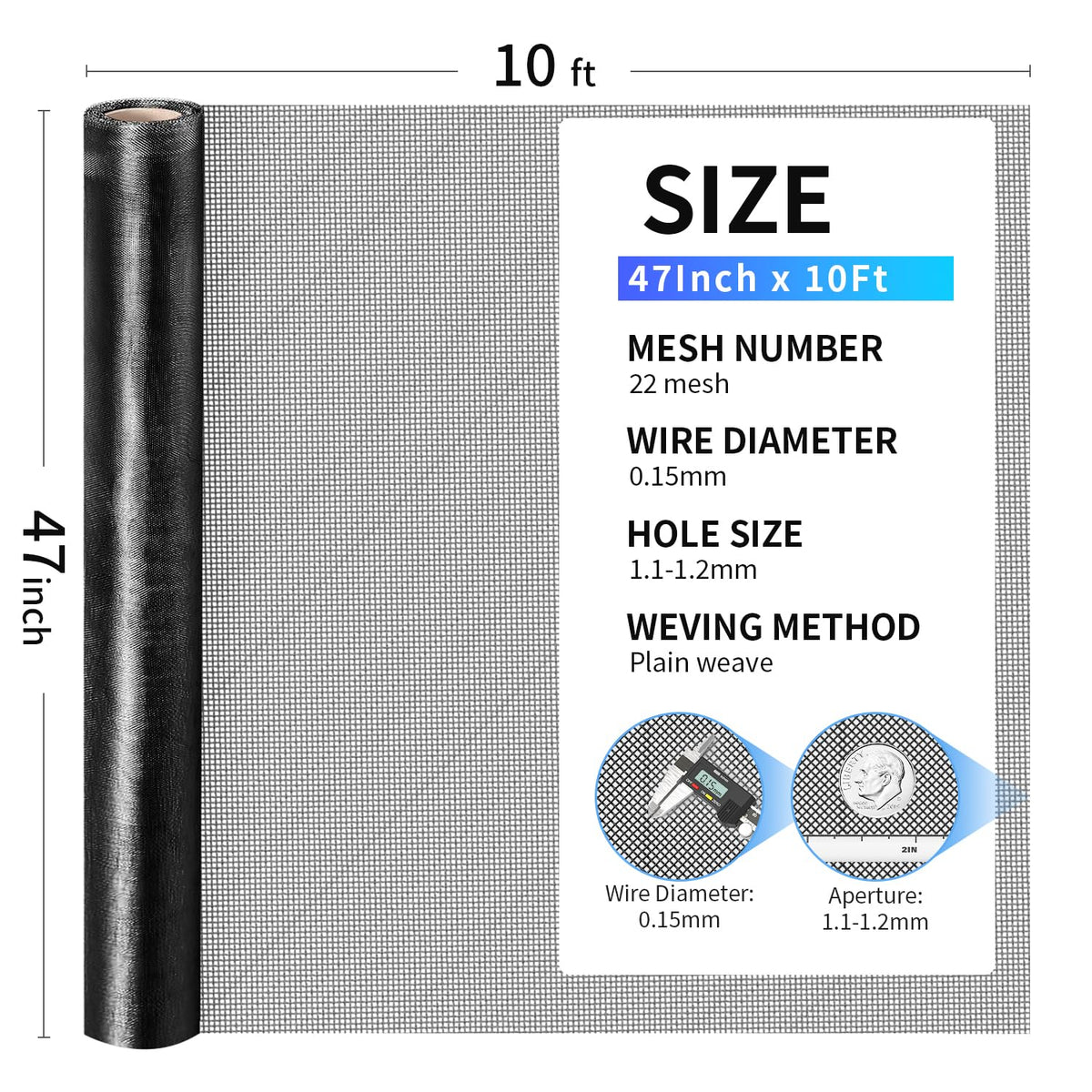 Black 47in x 10ft 22 Mesh 304 Stainless Steel Screen Roll X495