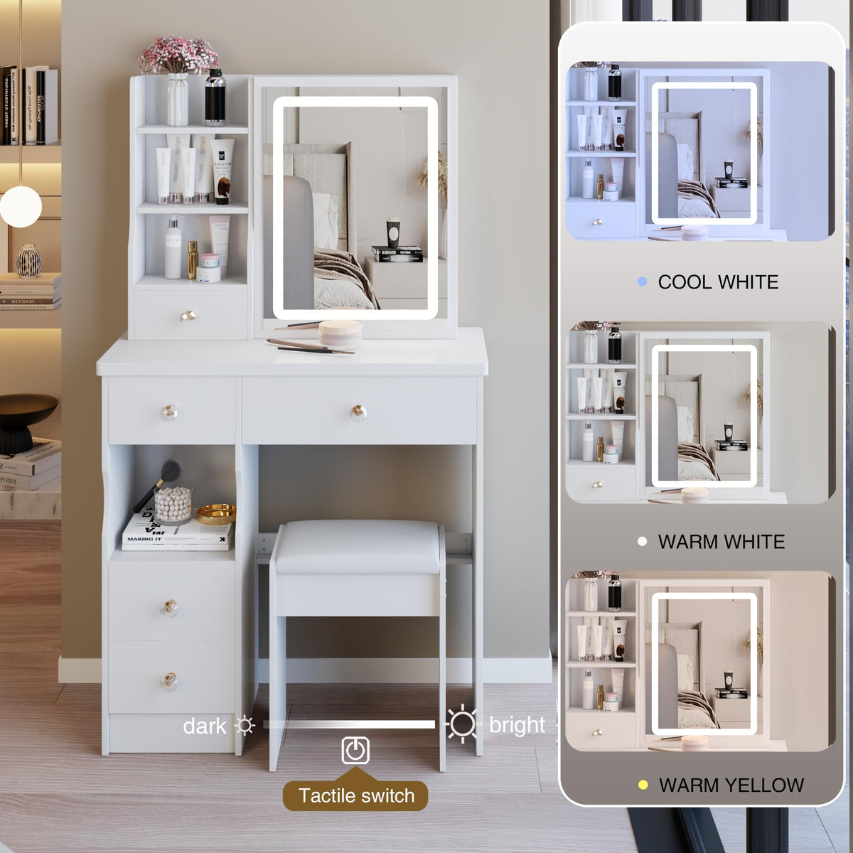 White Vanity Desk with Lighted Mirror and Stool G5490