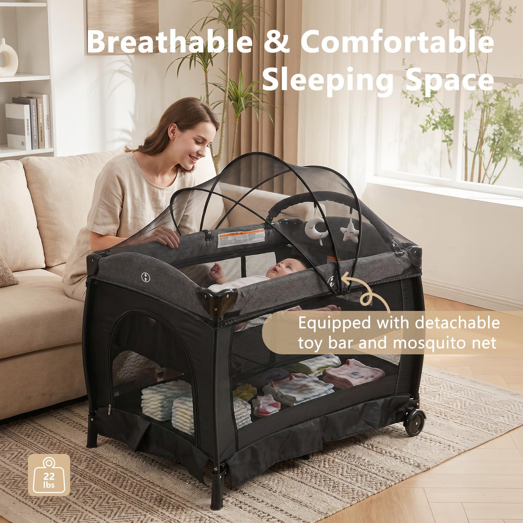 Portable Pack and Play Baby Playard with Bassinet Light Grey T320699