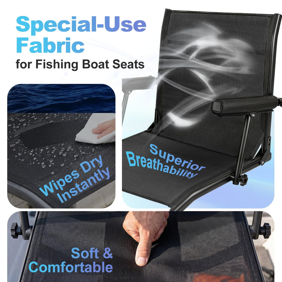 Fishing Boat Seat with Armrest, Mesh Fabric, Aluminum Frame, 350 LBS Capacity, Foldable M2311