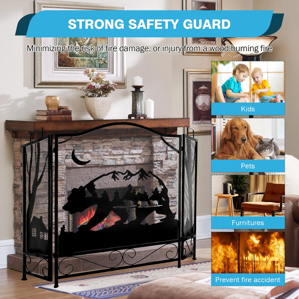 3-Panel Folding Metal Fireplace Screen Black L578