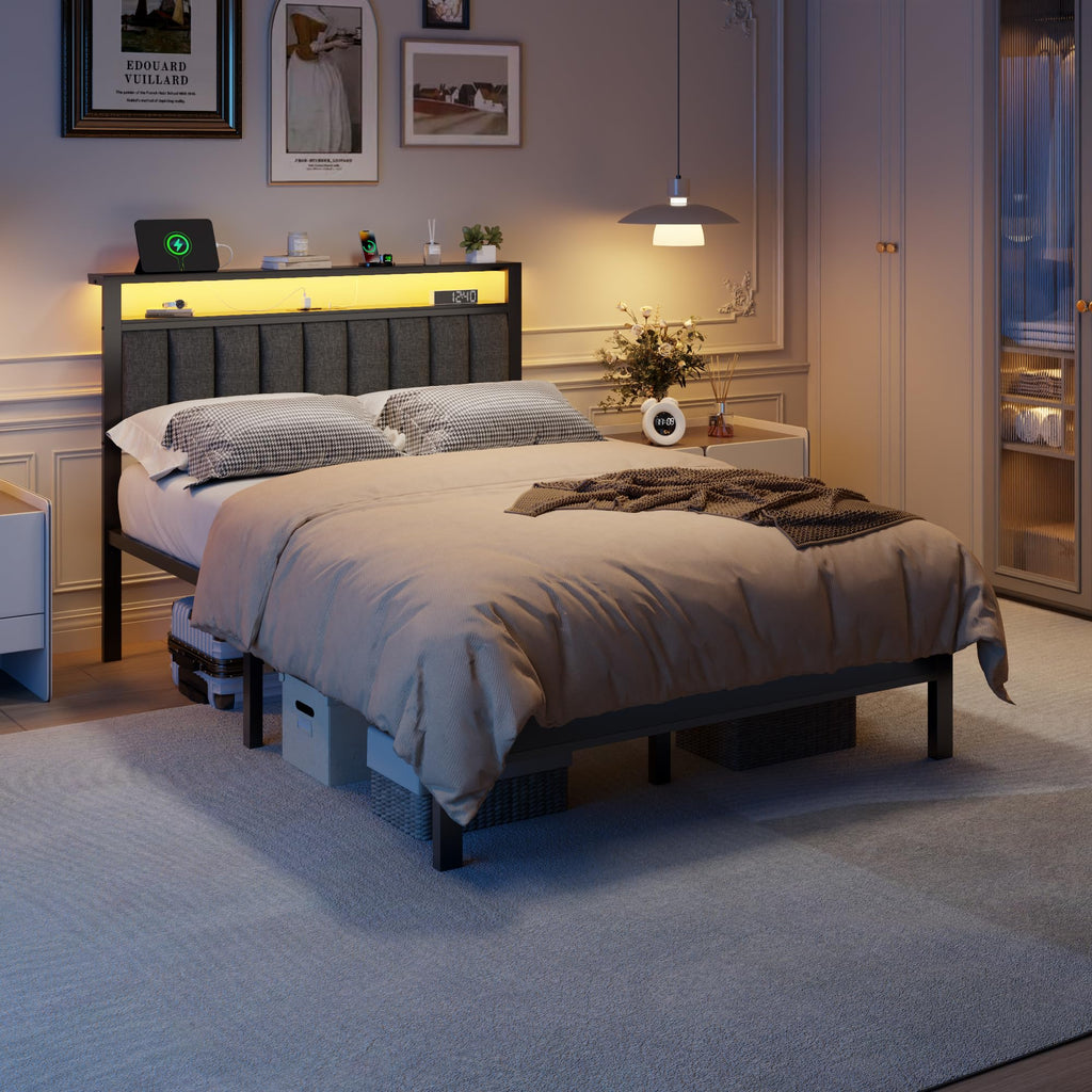 Full Size Bed Frame with Charging Station and LED Lights P24101