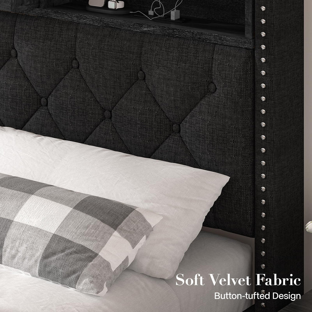 Queen Size Black Upholstered Platform Bed Frame with Storage Headboard and 2 Drawers R33291