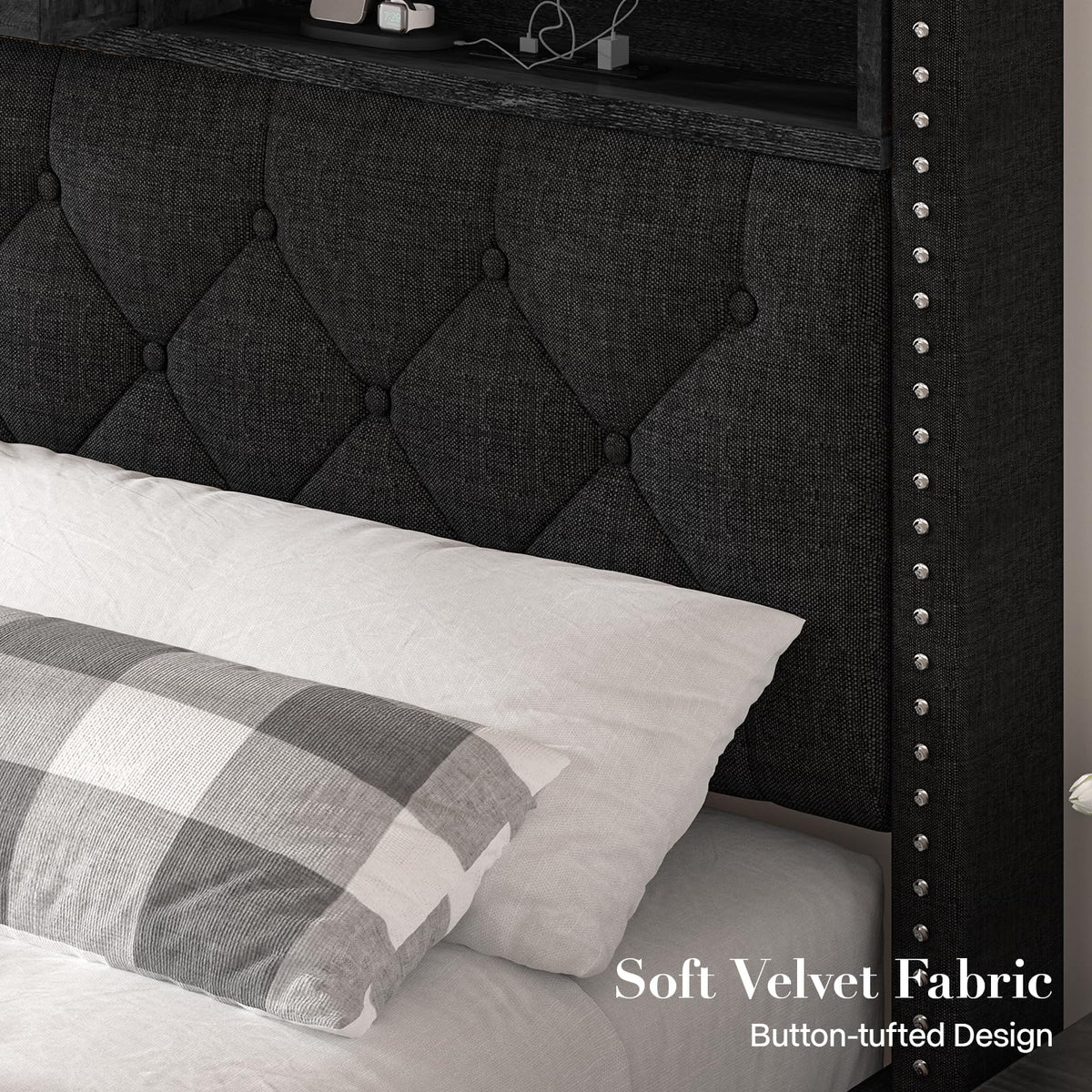 Queen Size Black Upholstered Platform Bed Frame with Storage Headboard and 2 Drawers R33291
