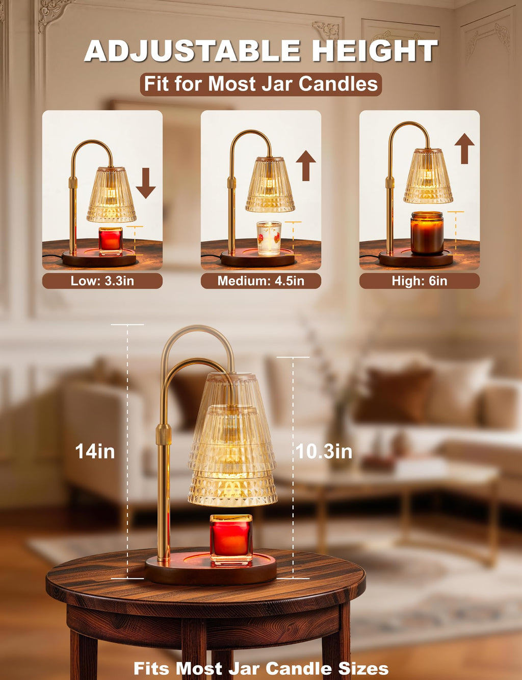Candle Warmer Lamp with Dimmer & Timer, Adjustable Height, Amber-gold N8163