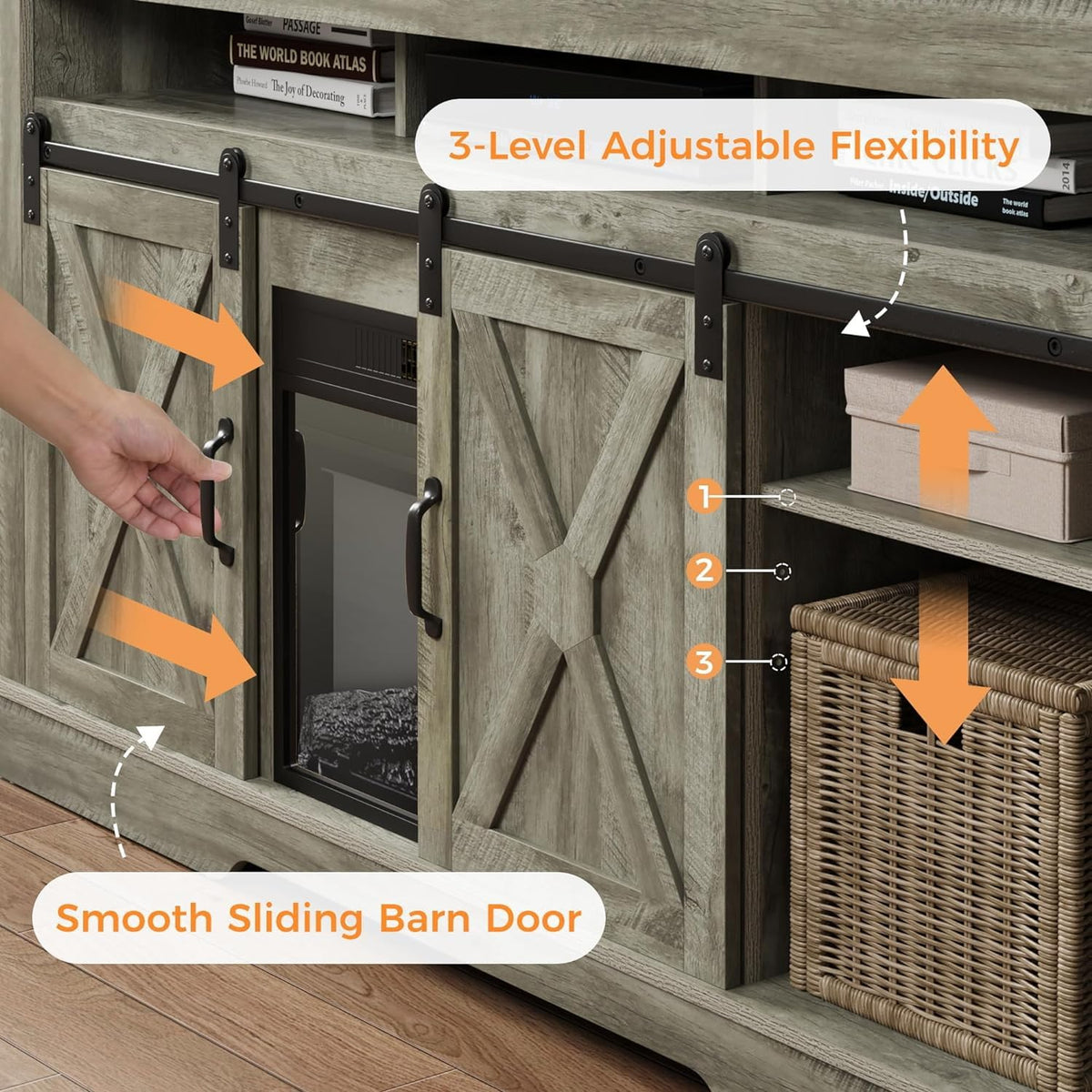 Light Grey Farmhouse TV Stand with Sliding Bar Door B560187