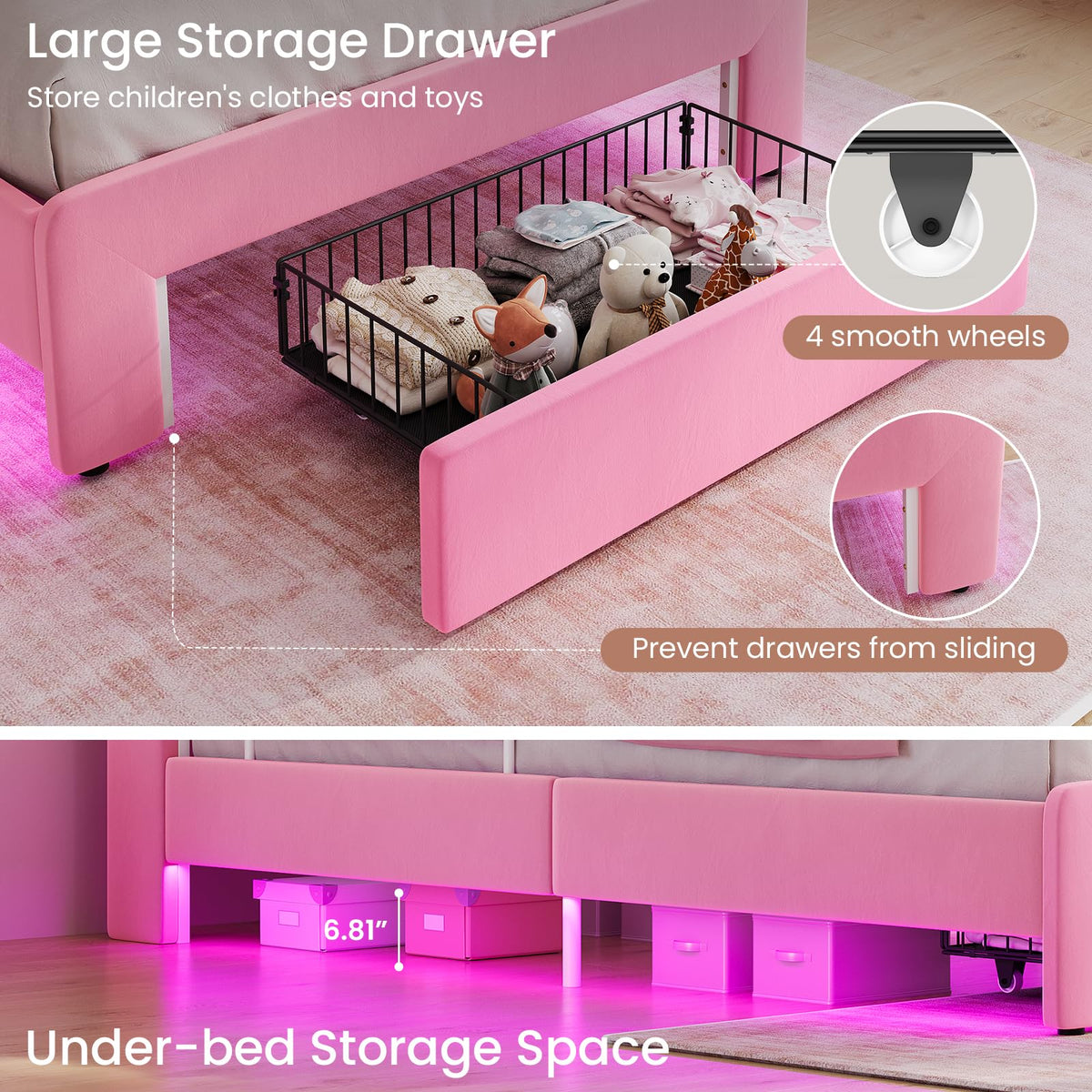 Pink Velvet Upholstered Twin Size Platform Bed with Storage Drawer J826