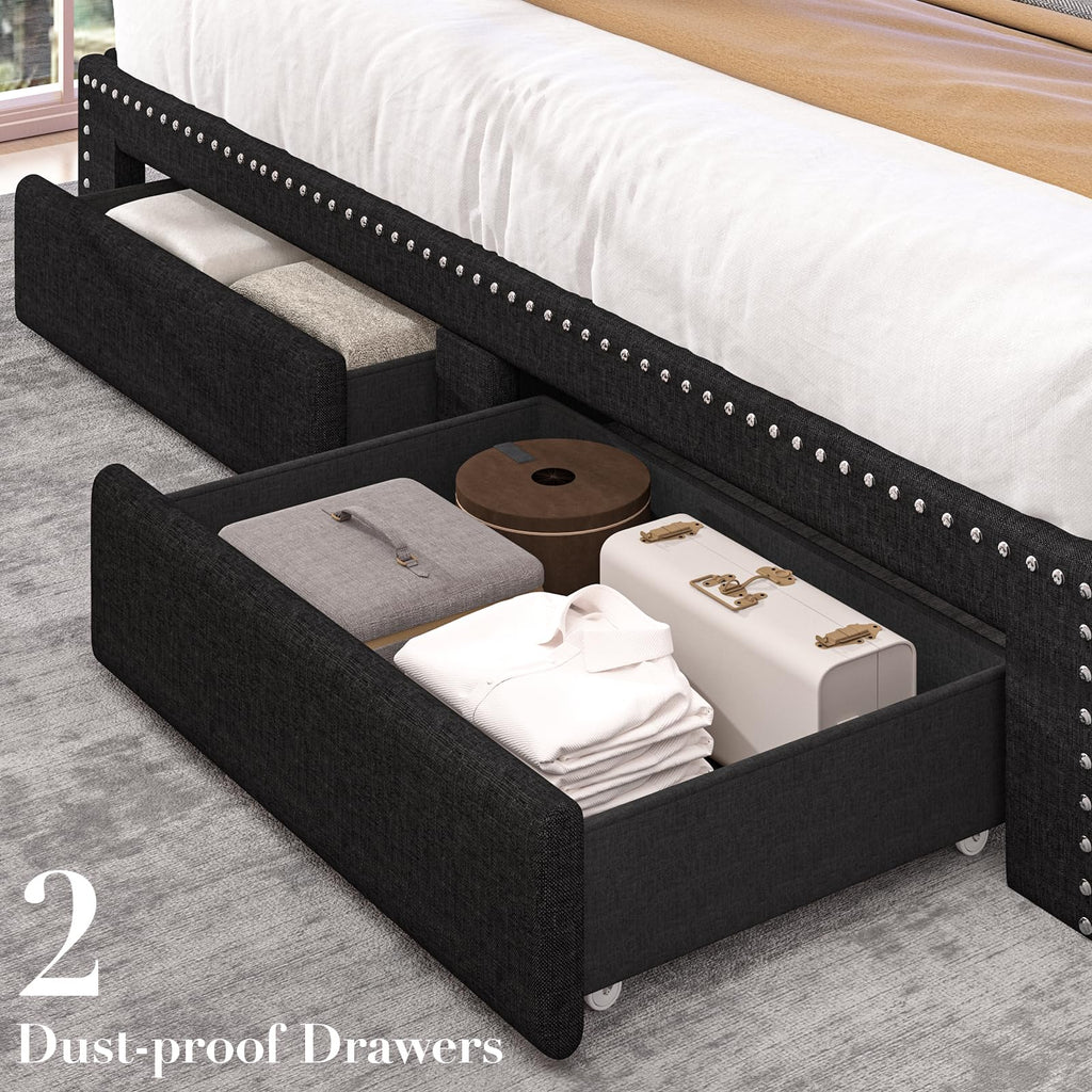 Queen Size Black Upholstered Platform Bed Frame with Storage Headboard and 2 Drawers R33291