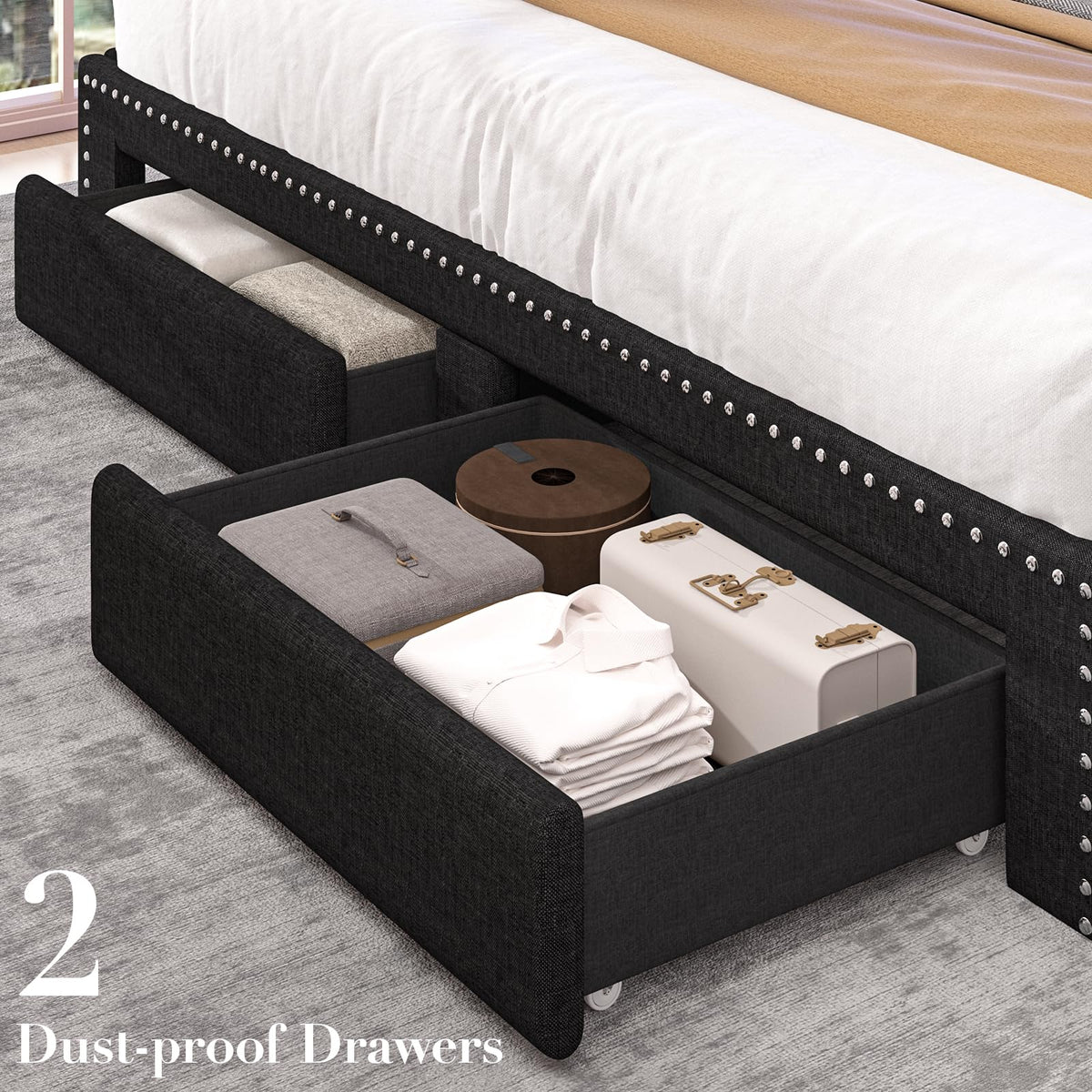 Queen Size Black Upholstered Platform Bed Frame with Storage Headboard and 2 Drawers R33291
