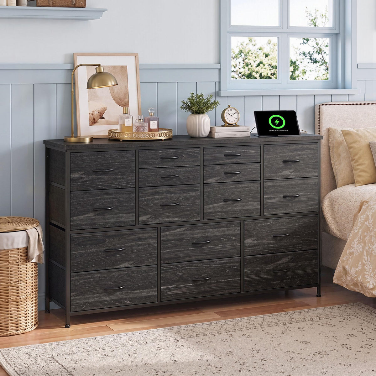 Black 16 Fabric Drawer Dresser with TV Stand G7713