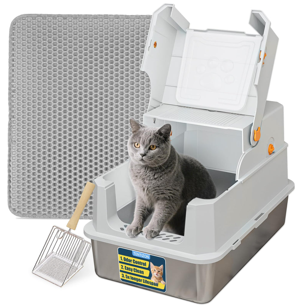 Large Stainless Steel Covered Cat Litter Box with Scoop P895972