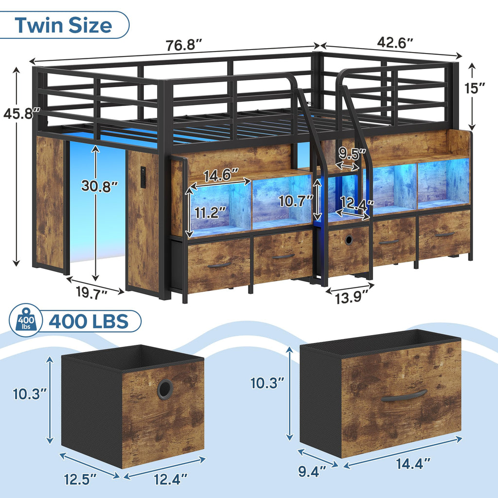 Twin Low Loft Bed with 5 Storage Drawers and 6 Bookcase C425