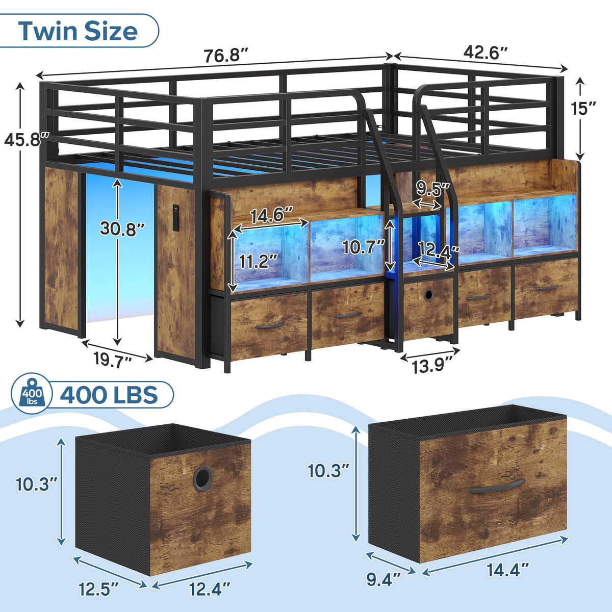 Twin Low Loft Bed with 5 Storage Drawers and 6 Bookcase C425