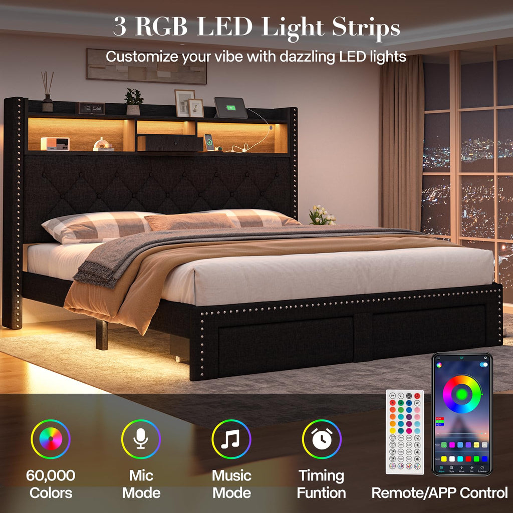 Queen Size Black Upholstered Platform Bed Frame with Storage Headboard and 2 Drawers R33291