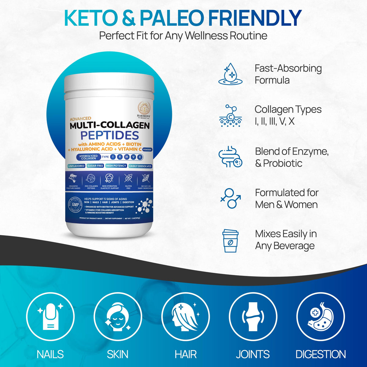 Multi Collagen Peptides Powder Unflavored Sugar Free 1.1 lb O999242