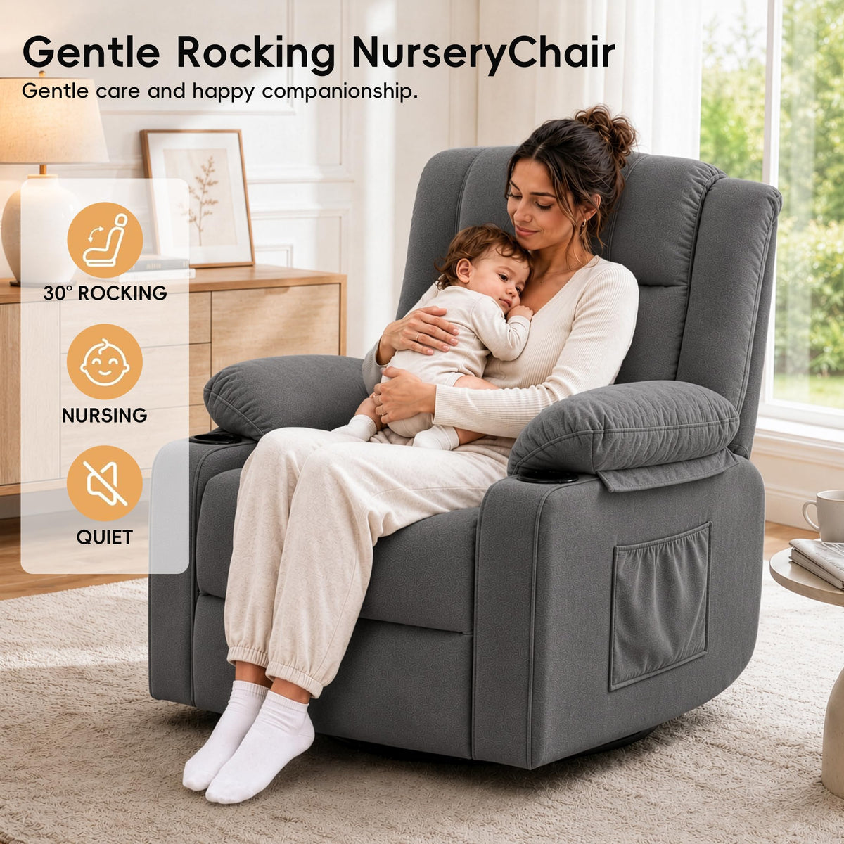 Grey Manual Swivel Rocking Recliner Chair with Massage and Heating N3347