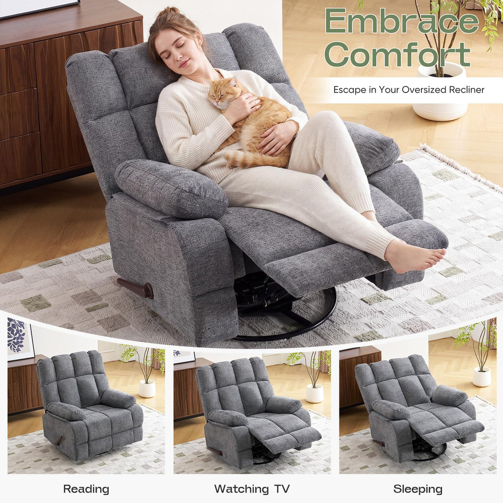 Oversized Chenille Grey Swivel Rocker Recliner Q734