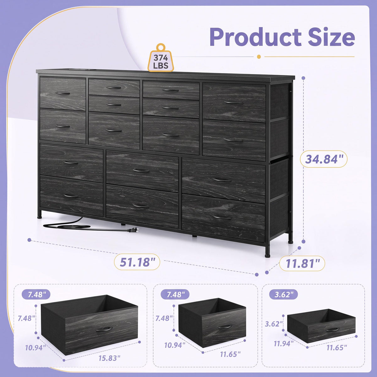 Black 16 Fabric Drawer Dresser with TV Stand G7713